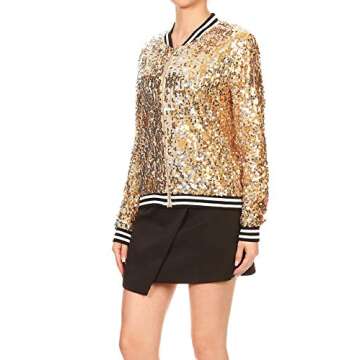 Anna-Kaci Womens Sequin Jacket Bomber Coat 1989 Slitter Outfit For Concert Party, Gold, Small