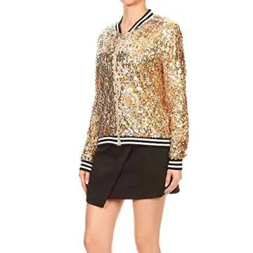 Anna-Kaci Womens Sequin Jacket Bomber Coat 1989 Slitter Outfit For Concert Party, Gold, Small