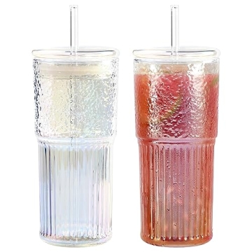 GOSCHE 20oz Glass Cups with Straws and Lids, Drinking Jar 2 Packs, Iced Coffee Cups Glass Tumblers f...