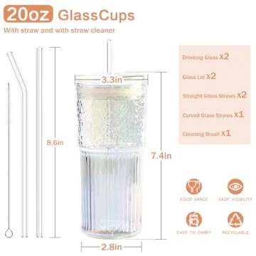 GOSCHE 20oz Glass Cups with Straws for Iced Drinks