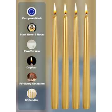 Hyoola Tall Taper Candles - 10 Inch Metallic Gold Dripless, Unscented Dinner Candle - Paraffin Wax with Cotton Wicks - 8 Hour Burn Time (Pack of 12)