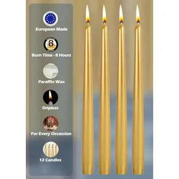 Hyoola Tall Taper Candles - 10 Inch Metallic Gold Dripless, Unscented Dinner Candle - Paraffin Wax with Cotton Wicks - 8 Hour Burn Time (Pack of 12)