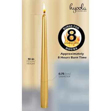 Hyoola Tall Taper Candles - 10 Inch Metallic Gold Dripless, Unscented Dinner Candle - Paraffin Wax with Cotton Wicks - 8 Hour Burn Time (Pack of 12)