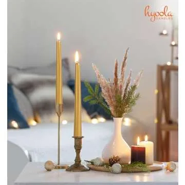 Hyoola Tall Taper Candles - 10 Inch Metallic Gold Dripless, Unscented Dinner Candle - Paraffin Wax with Cotton Wicks - 8 Hour Burn Time (Pack of 12)