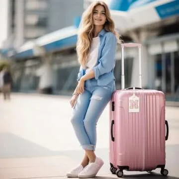 Initial Luggage Tag, PU Leather Luggage Tag, Embroidered Luggage Tag, Letter Luggage Tag, Monogrammed Luggage Tag, Luggage Tag for Baggage Bag Suitcase (M, White Leather+Pink Letter)