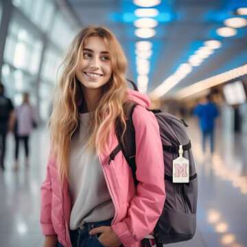 Initial Luggage Tag, PU Leather Luggage Tag, Embroidered Luggage Tag, Letter Luggage Tag, Monogrammed Luggage Tag, Luggage Tag for Baggage Bag Suitcase (M, White Leather+Pink Letter)