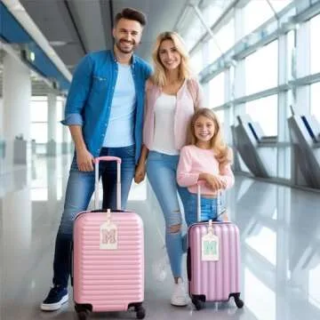 Initial Luggage Tag, PU Leather Luggage Tag, Embroidered Luggage Tag, Letter Luggage Tag, Monogrammed Luggage Tag, Luggage Tag for Baggage Bag Suitcase (M, White Leather+Pink Letter)