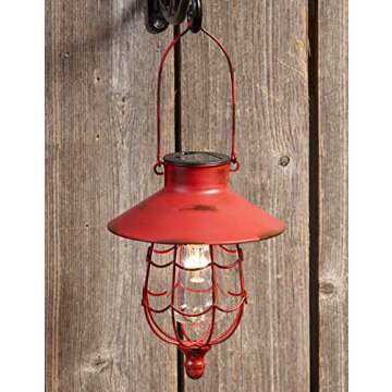 The Lakeside Collection Distressed Porch Lantern - Solar-Powered Light with Vintage-Style Cage - Red