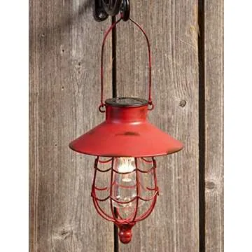 The Lakeside Collection Distressed Porch Lantern - Solar-Powered Light with Vintage-Style Cage - Red