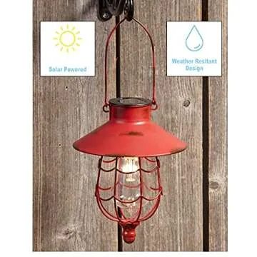 The Lakeside Collection Distressed Porch Lantern - Solar-Powered Light with Vintage-Style Cage - Red