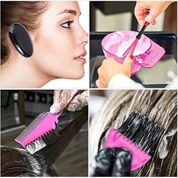 LoveBB 10 Pcs Professional Hair Coloring Dyeing Kit for Salon and Home, Mixing Bowl, Dye Color Brush, Ear Caps, Dye Mixer (Pink)