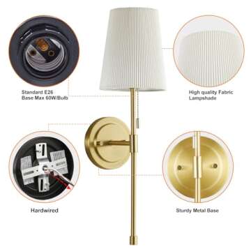 EJIAXIN Wall Sconces Set of 2,Retro Industrial Hardwired Wall Lamps with Pull Chain,Bathroom Vanity Sconces Wall Lighting with White Fabric Shade, Indoor Wall Lights for Bedroom Living Room Corridor