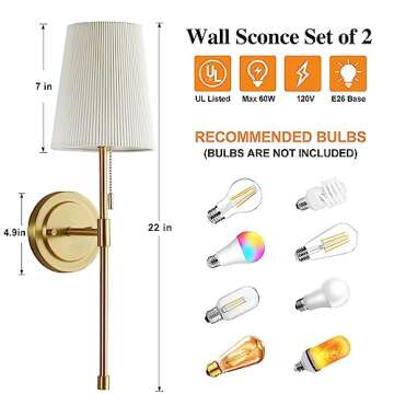 EJIAXIN Wall Sconces Set of 2,Retro Industrial Hardwired Wall Lamps with Pull Chain,Bathroom Vanity Sconces Wall Lighting with White Fabric Shade, Indoor Wall Lights for Bedroom Living Room Corridor