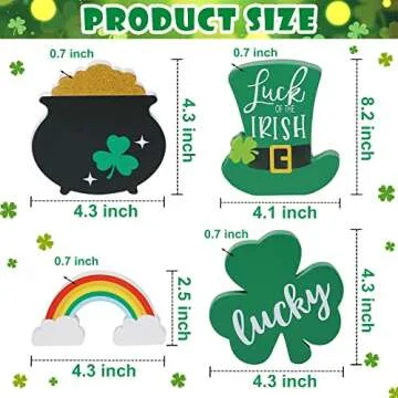 St. Patrick's Day Tiered Tray Signs Gold Pot Shamrock Hat Rainbow 4pcs Wood Sign Decoration Freestanding Irish Lucky Theme Table Centerpiece