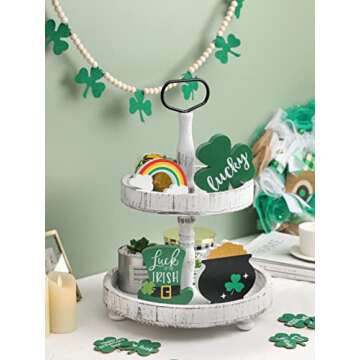 St. Patrick's Day Tiered Tray Signs Gold Pot Shamrock Hat Rainbow 4pcs Wood Sign Decoration Freestanding Irish Lucky Theme Table Centerpiece