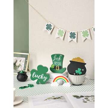 St. Patrick's Day Tiered Tray Signs Gold Pot Shamrock Hat Rainbow 4pcs Wood Sign Decoration Freestanding Irish Lucky Theme Table Centerpiece