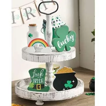 St. Patrick's Day Tiered Tray Signs Gold Pot Shamrock Hat Rainbow 4pcs Wood Sign Decoration Freestanding Irish Lucky Theme Table Centerpiece