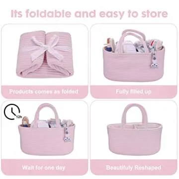 Baby Diaper Caddy Organizer for Girl Boy Rope Nursery Storage Bin Basket Portable Holder Tote Bag for Changing Table Car Travel Baby Shower Gifts Newborn Essentials Registry Must Have Items Pink