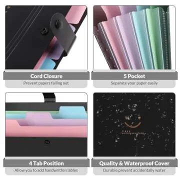 SKYDUE Expanding File Folder with 5 Pockets, Cute Accordion File Organizer, Letter Size Filing Folder, Portable Paper Organizer, School Office Supplies Black