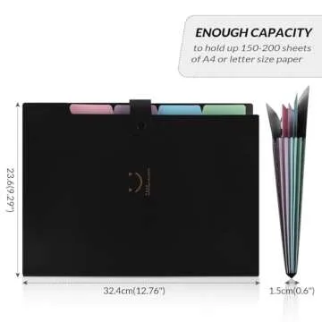 SKYDUE Expanding File Folder with 5 Pockets, Cute Accordion File Organizer, Letter Size Filing Folder, Portable Paper Organizer, School Office Supplies Black
