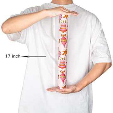 MAYPLUSS Christmas Reversible Wrapping Paper Roll - 17 Inch X 32.8 Feet - Retro Pink Christmas Ornaments and Diagonal Stripes Design Gift Wrap Paper for Christmas, Holiday, New Year Baby Shower