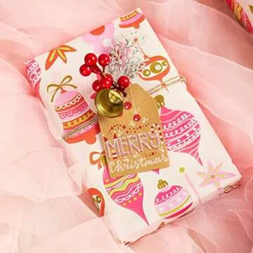 MAYPLUSS Christmas Reversible Wrapping Paper Roll - 17 Inch X 32.8 Feet - Retro Pink Christmas Ornaments and Diagonal Stripes Design Gift Wrap Paper for Christmas, Holiday, New Year Baby Shower