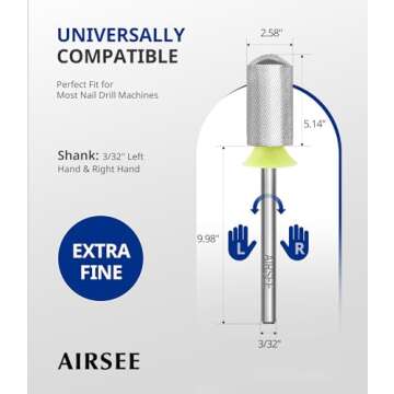 AIRSEE Tungsten Carbide Acrylic Nail Drill Bit Efile Electric File Machine Head Tip for Manicure Polishing Art Remove Gel 3/32" 2 Way Beginner Safety Round Top Cylinder Barrel Extra Fine-XF