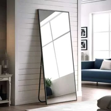 NeuType Full Length Mirror Standing Hanging or Leaning Against Wall, Large Rectangle Bedroom Mirror Floor Mirror Dressing Mirror Wall-Mounted Mirror, Aluminum Alloy Thin Frame, Black, 63"x20"