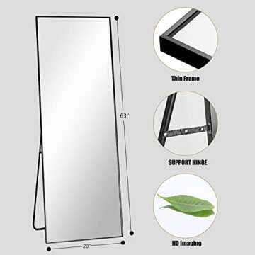 NeuType Full Length Mirror Standing Hanging or Leaning Against Wall, Large Rectangle Bedroom Mirror Floor Mirror Dressing Mirror Wall-Mounted Mirror, Aluminum Alloy Thin Frame, Black, 63"x20"