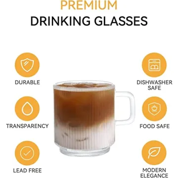 Premium 12oz Glass Coffee Mugs with Handle for Hot/Cold Beverages