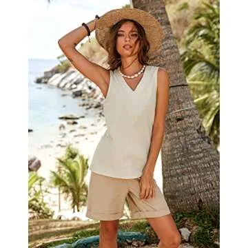Chigant Womens Shirts Cotton Summer Casual V Neck Sleeveless Linen Top Basic Camisole Tank Blouses Shirt Apricot Large