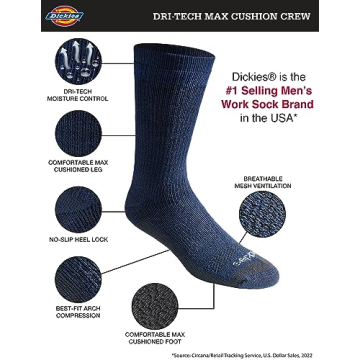 Dickies Men's Dri-Tech Moisture Control Max Full Cushion Crew Socks, Available in M-XL (6, 12, Navy Marl (6 Pairs), Large