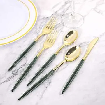 Supernal 180pcs Gold Plastic Silverware,Green Plastic Cutlery,Gold Cutlery Plastic with Green Glitter Handle,Include 45 Knives,45 Dinner Forks,45 Dessert Forks,45 Spoons,Suit for Party,Birthday