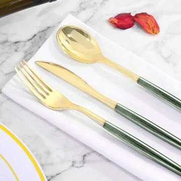Supernal 180pcs Gold Plastic Silverware,Green Plastic Cutlery,Gold Cutlery Plastic with Green Glitter Handle,Include 45 Knives,45 Dinner Forks,45 Dessert Forks,45 Spoons,Suit for Party,Birthday