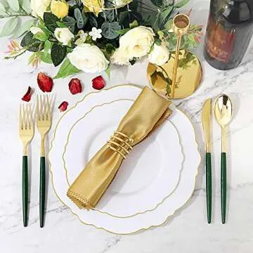Supernal 180pcs Gold Plastic Silverware,Green Plastic Cutlery,Gold Cutlery Plastic with Green Glitter Handle,Include 45 Knives,45 Dinner Forks,45 Dessert Forks,45 Spoons,Suit for Party,Birthday