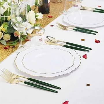 Supernal 180pcs Gold Plastic Silverware,Green Plastic Cutlery,Gold Cutlery Plastic with Green Glitter Handle,Include 45 Knives,45 Dinner Forks,45 Dessert Forks,45 Spoons,Suit for Party,Birthday