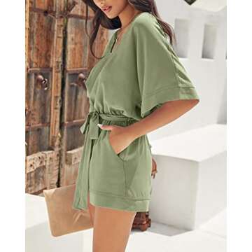 Women's Casual V Neck Rompers Short Sleeve Jumpsuit High Waist Belted One Piece Playsuit with Pockets