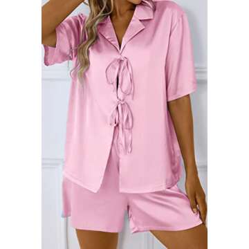 CHYRII Women's Silk Satin Pajamas Sets Tie Front Short Sleeve Tops and Shorts Two Piece Pj Sets Sleepwear Babay Pink XL