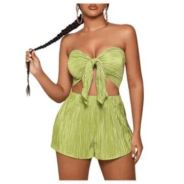 OYOANGLE Women's Textured 2 Piece Outfits Tie Front Ruched Crop Tube Top and Elastic Waist Shorts Set Green Medium