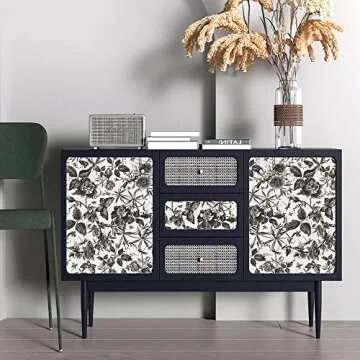 Akywall Black Floral Wallpaper Peel and Stick Removable Sketch Rose Butterfly Garden Contact Paper Self Adhesive Waterproof Durable Wallcovering for Cabinets Wall Decor Black/White 15.75inx 9.85ft