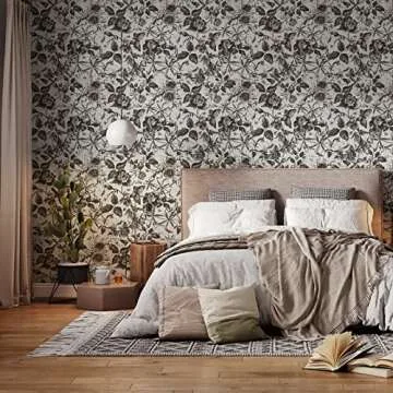 Akywall Black Floral Wallpaper Peel and Stick Removable Sketch Rose Butterfly Garden Contact Paper Self Adhesive Waterproof Durable Wallcovering for Cabinets Wall Decor Black/White 15.75inx 9.85ft