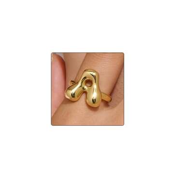 Bubble Initial Ring For Women, Dainty Balloon Letter Rings 14k Gold Plated Open Adjustable Unique Gi...