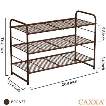 CAXXA Stackable and Expandable Shoe Rack, 3 Shelves Metal Wire Utility Rack, Bronze