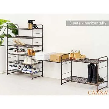 CAXXA Stackable and Expandable Shoe Rack, 3 Shelves Metal Wire Utility Rack, Bronze