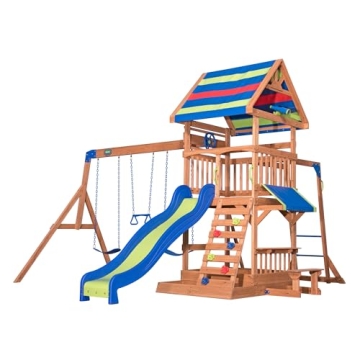 Backyard Discovery Beach Front All Cedar Wooden Swing Set with Monkey Bars, Large Upper Deck with Ca...