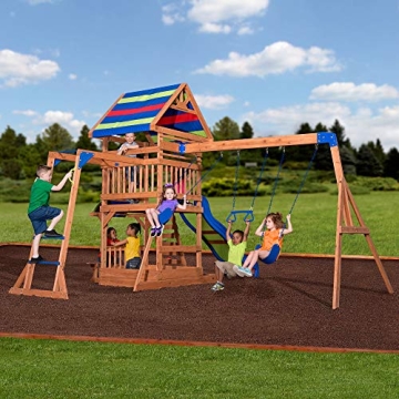 Quality Cedar Wooden Swing Set with Monkey Bars and More