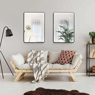 ZenStyle 2 Packs Wall Mount Mirror for Bathroom, 24 x 36 Inch Black Metal Framed Rounded Corner Rectangular Mirror with Peaked Trim for Entryways, Living Rooms, Bathrooms