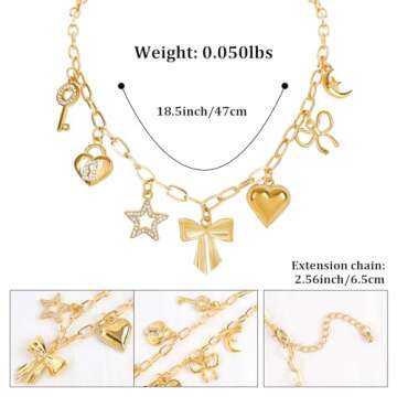 NEKOL Gold Bow Charm Necklace for Women 14K Gold Plated Pendant Necklace with Cute Dangle CZ Bowknot Love Heart Lock Key Moon Star Pendant Adjustable Chain Trendy Y2K Party Jewelry Gift for Women