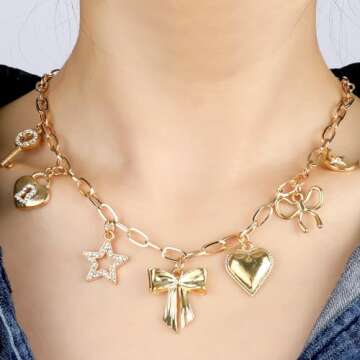 NEKOL Gold Bow Charm Necklace for Women 14K Gold Plated Pendant Necklace with Cute Dangle CZ Bowknot Love Heart Lock Key Moon Star Pendant Adjustable Chain Trendy Y2K Party Jewelry Gift for Women