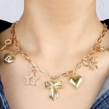 NEKOL Gold Bow Charm Necklace for Women 14K Gold Plated Pendant Necklace with Cute Dangle CZ Bowknot Love Heart Lock Key Moon Star Pendant Adjustable Chain Trendy Y2K Party Jewelry Gift for Women